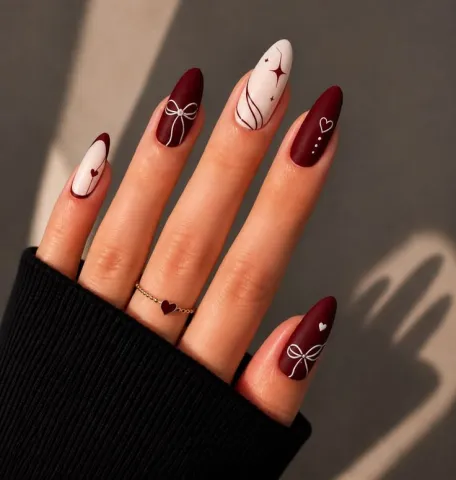 Burgundy Bow & Heart Nail Art